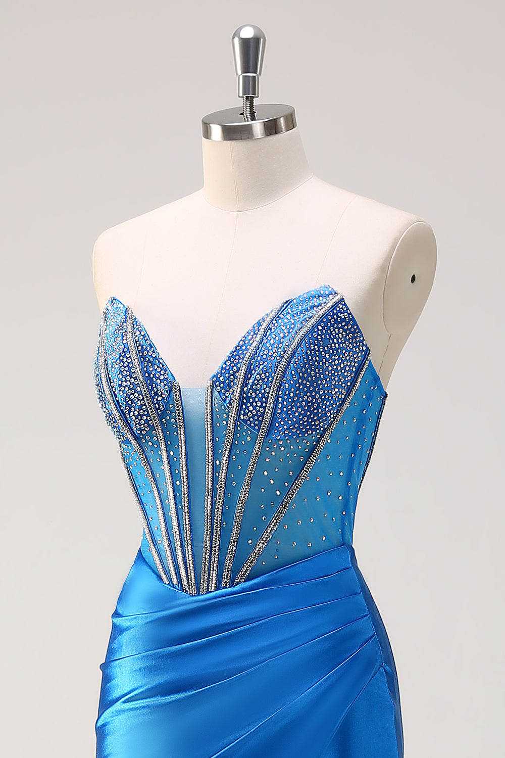 Blue Mermaid Beaded Sweetheart Long Prom Dress with Slit