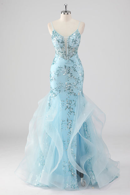 Sparkly Corset Sky Blue Mermaid Spaghetti Straps Prom Dress