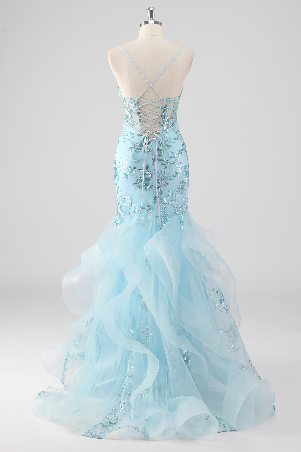 Sparkly Corset Sky Blue Mermaid Spaghetti Straps Prom Dress