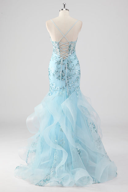 Sparkly Corset Sky Blue Mermaid Spaghetti Straps Prom Dress