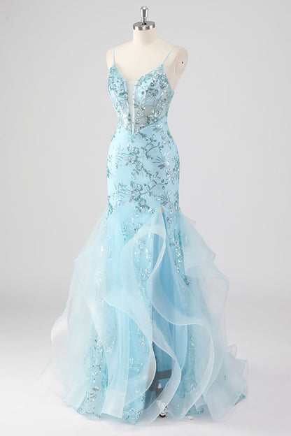 Sparkly Corset Sky Blue Mermaid Spaghetti Straps Prom Dress