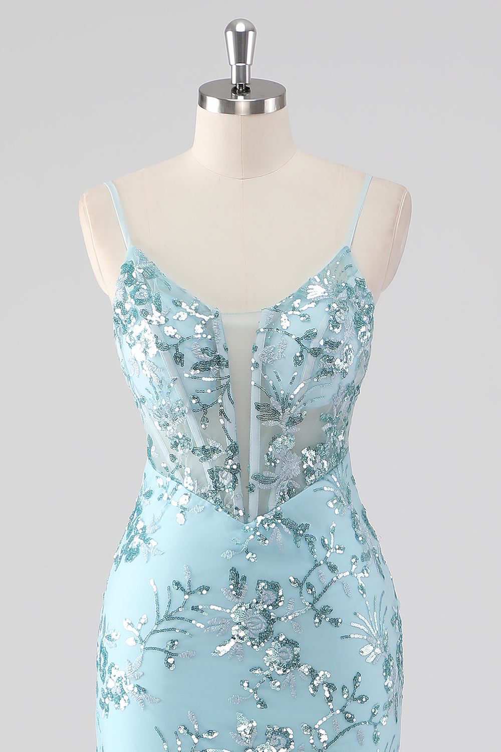 Sparkly Corset Sky Blue Mermaid Spaghetti Straps Prom Dress