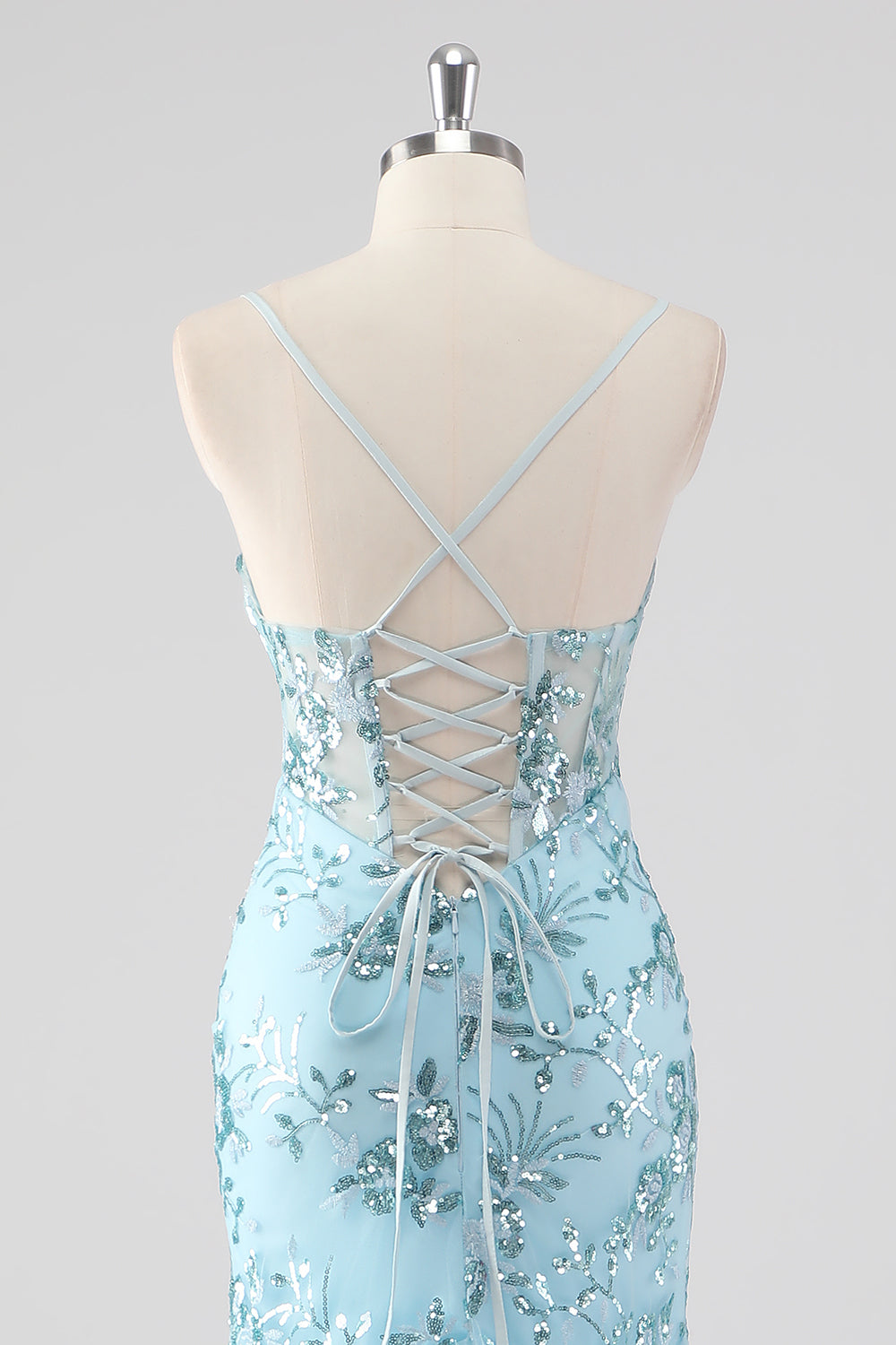 Sparkly Corset Sky Blue Mermaid Spaghetti Straps Prom Dress