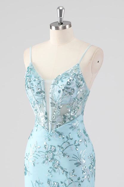 Sparkly Corset Sky Blue Mermaid Spaghetti Straps Prom Dress