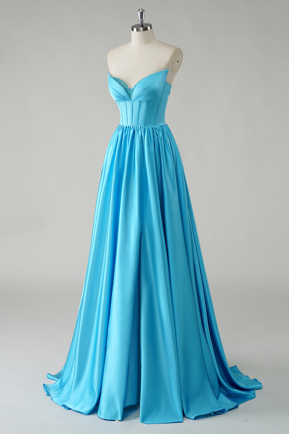 Blue Satin A Line Corset Prom Dress with Slit