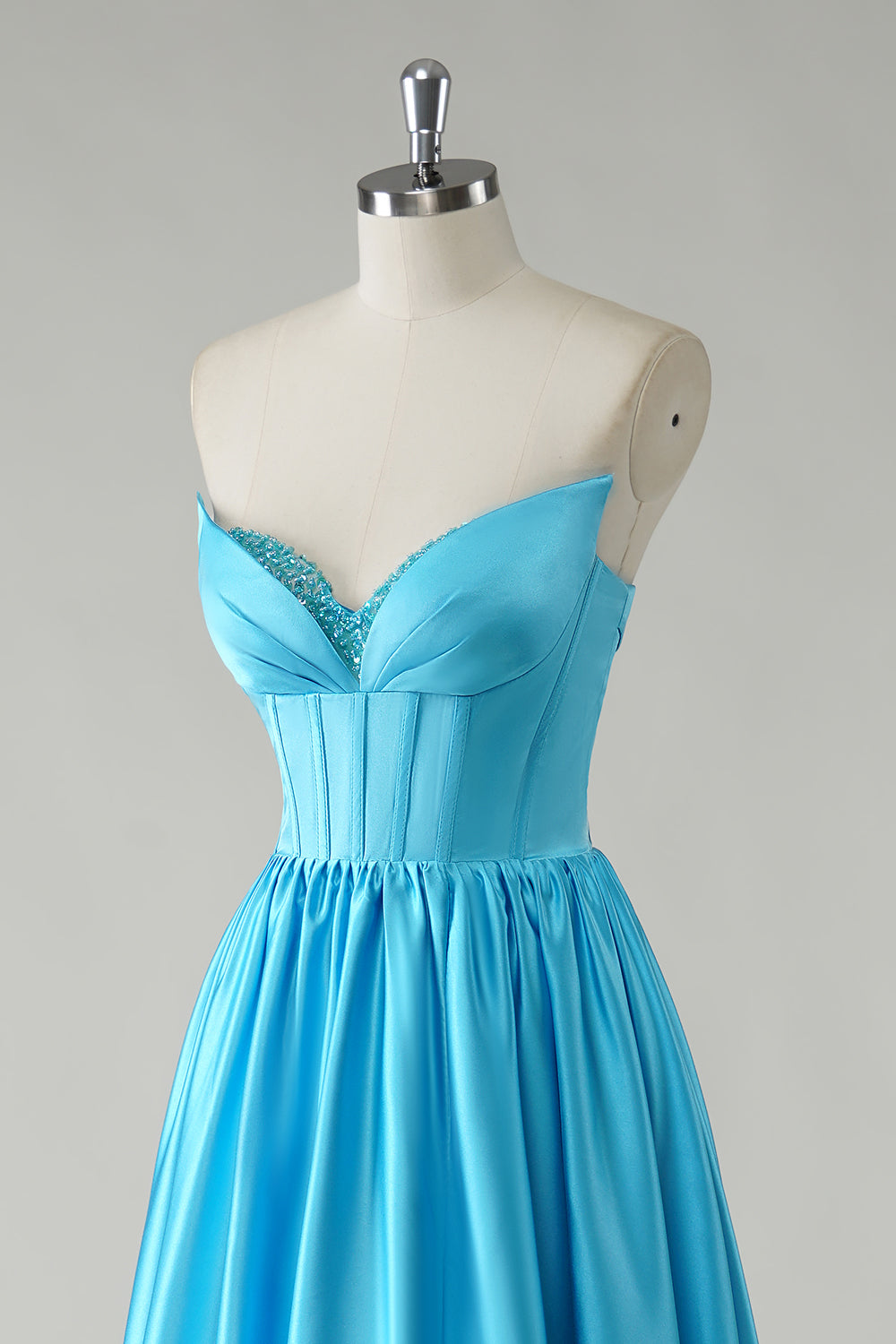 Blue Satin A Line Corset Prom Dress with Slit