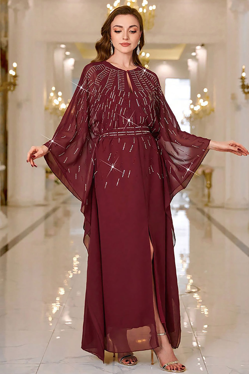 Sparkly Burgundy A Line Round Neck Long Sleeves Prom Dress