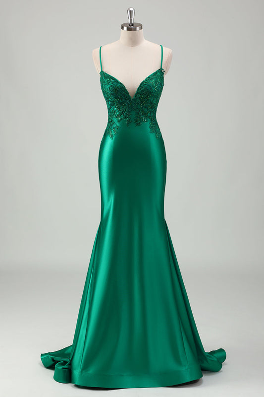 Sparkly Green Mermaid Spaghetti Straps Satin Long Prom Dress with Appliques