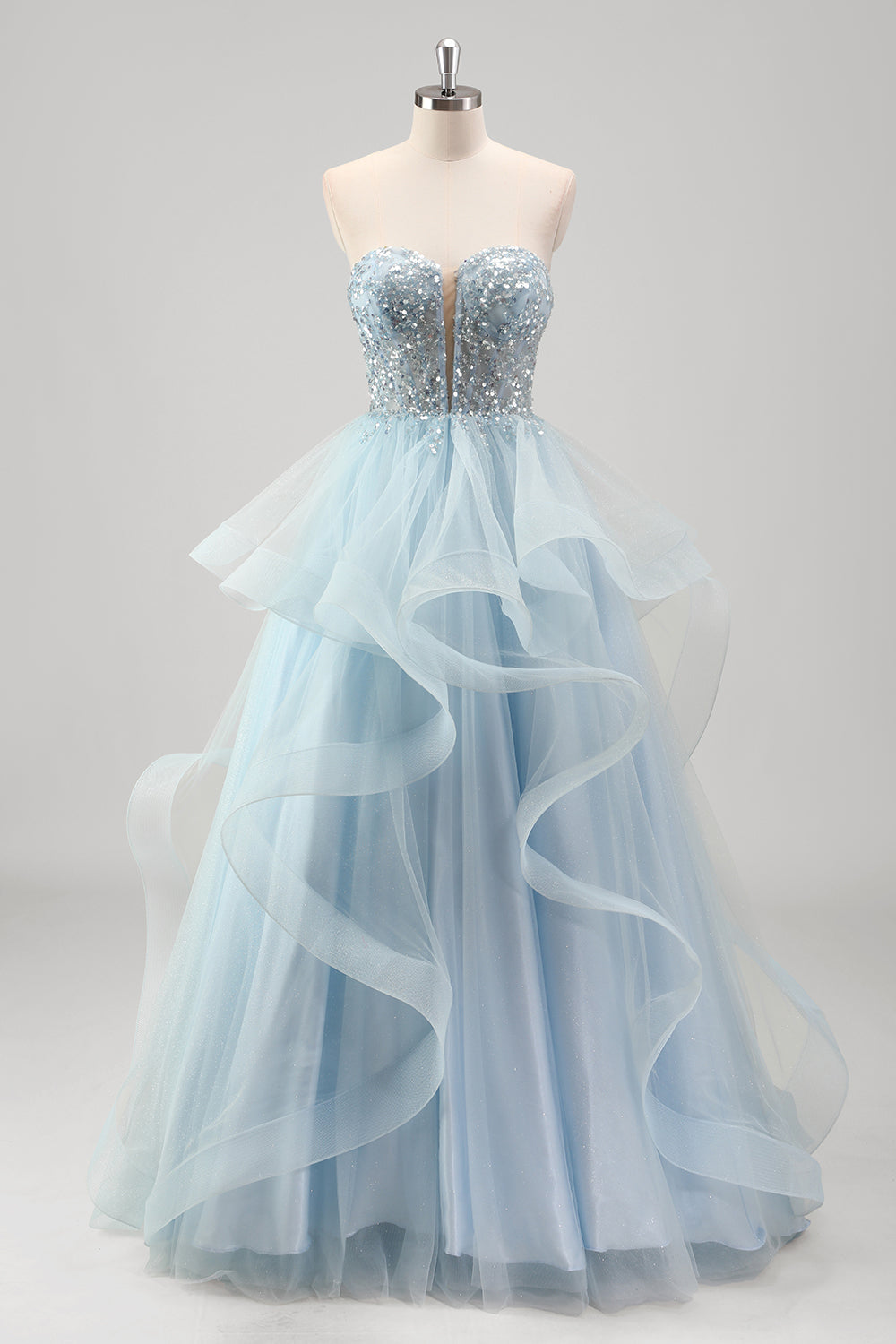 Sparkly Blue Beaded Sweetheart Corset Long Prom Dress