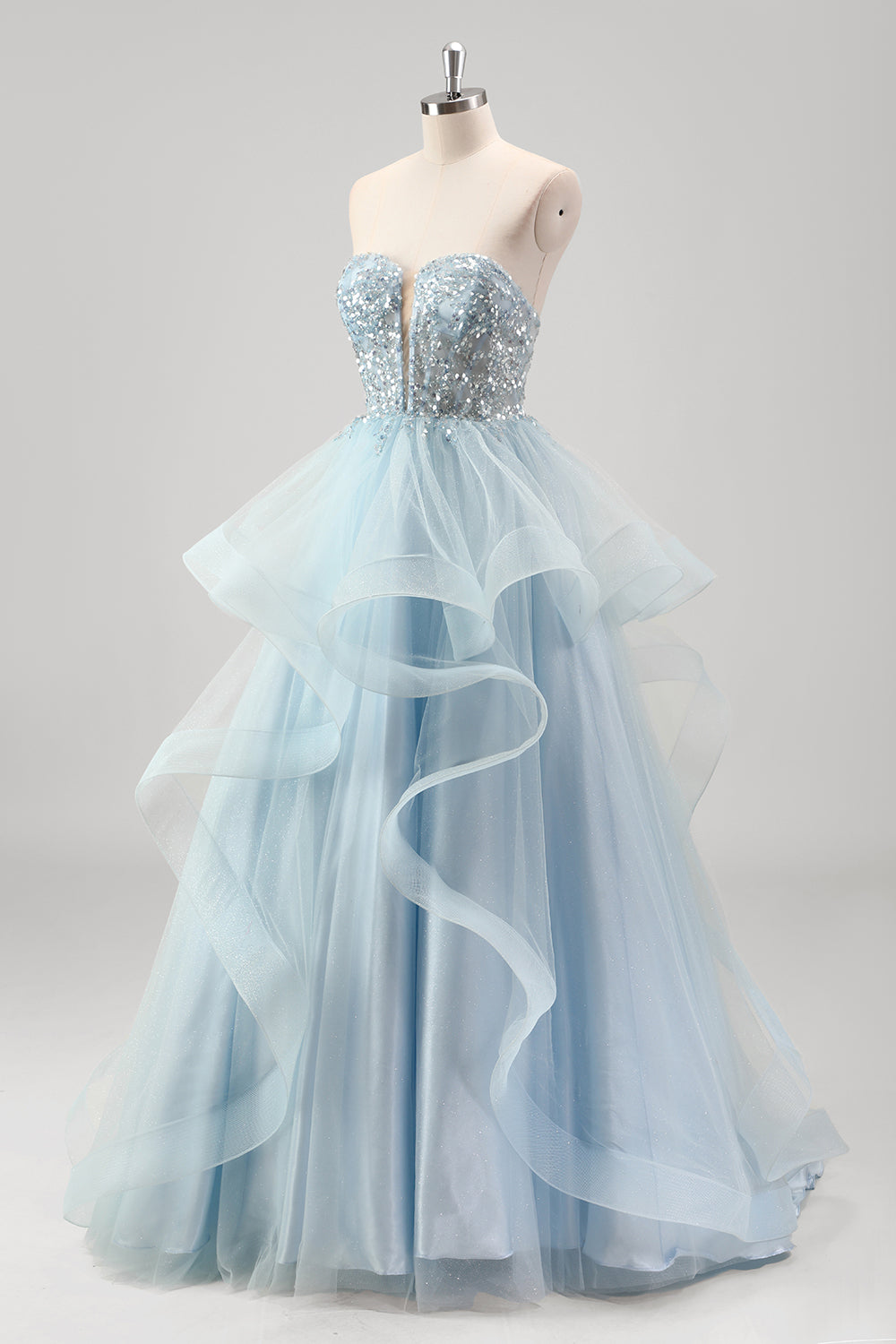 Sparkly Blue Beaded Sweetheart Corset Long Prom Dress