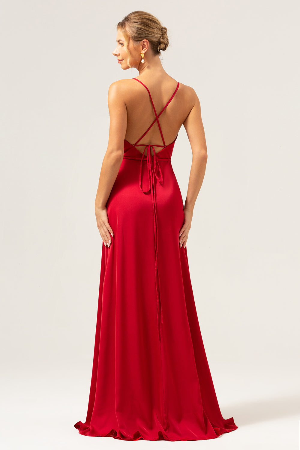 Burgundy Spaghetti Straps A-Line Bridesmaid Dress with Slit