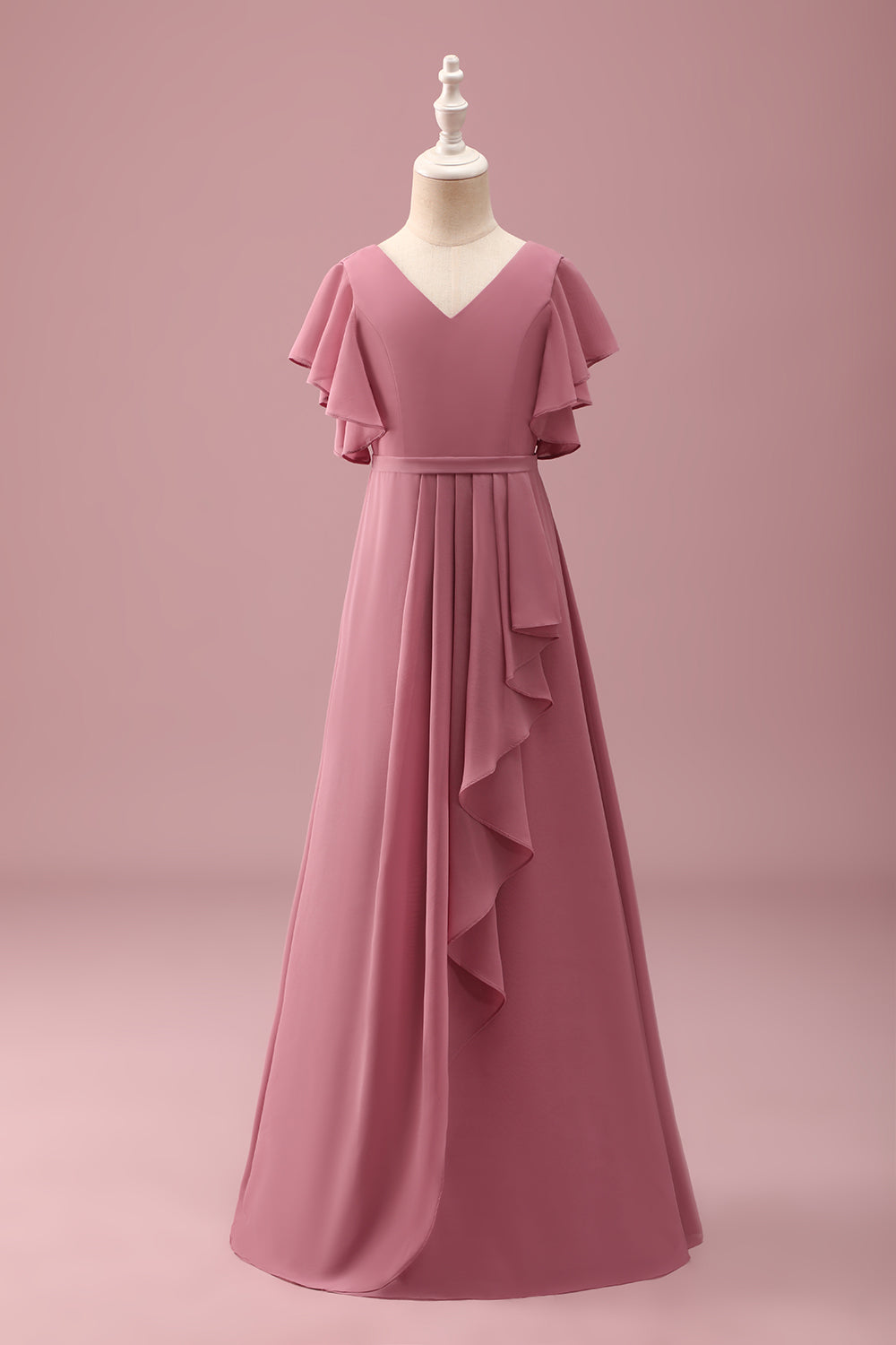 Desert Rose A-Line Chiffon Junior Bridesmaid Dress with Ruffles