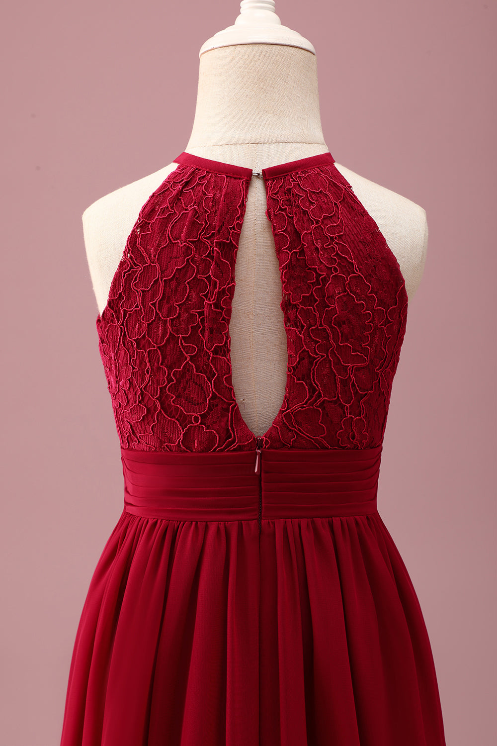 Burgundy Floral Halter A-Line Junior Bridesmaid Dress