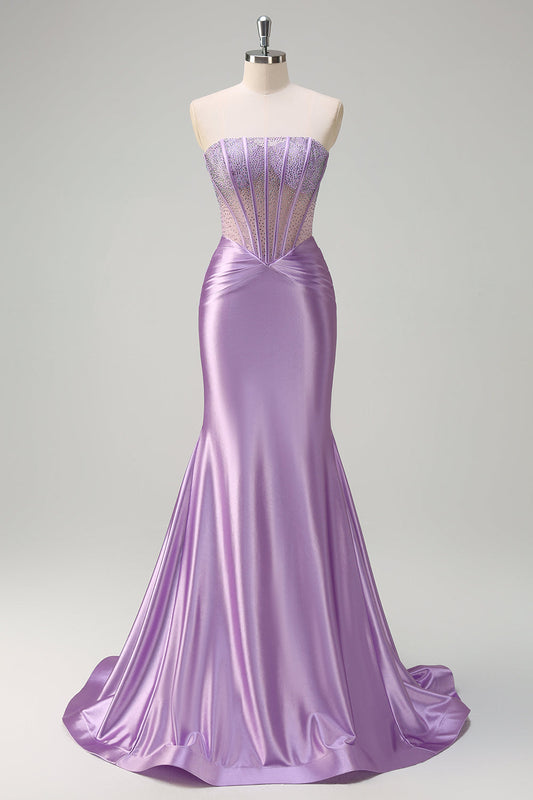 Lilac Mermaid Strapless Beaded Corset Long Prom Dress