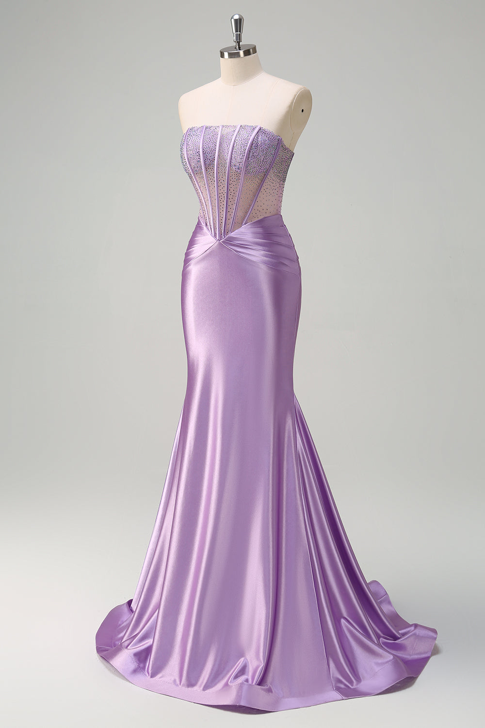 Lilac Mermaid Strapless Beaded Corset Long Prom Dress