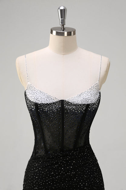 Sparkly Black Mermaid Spaghetti Straps Corset Beaded Long Prom Dress with Slit