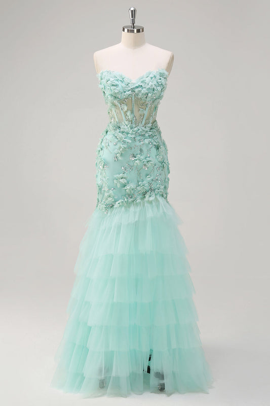 Green Floral Mermaid Tiered Sweetheart Long Prom Dress