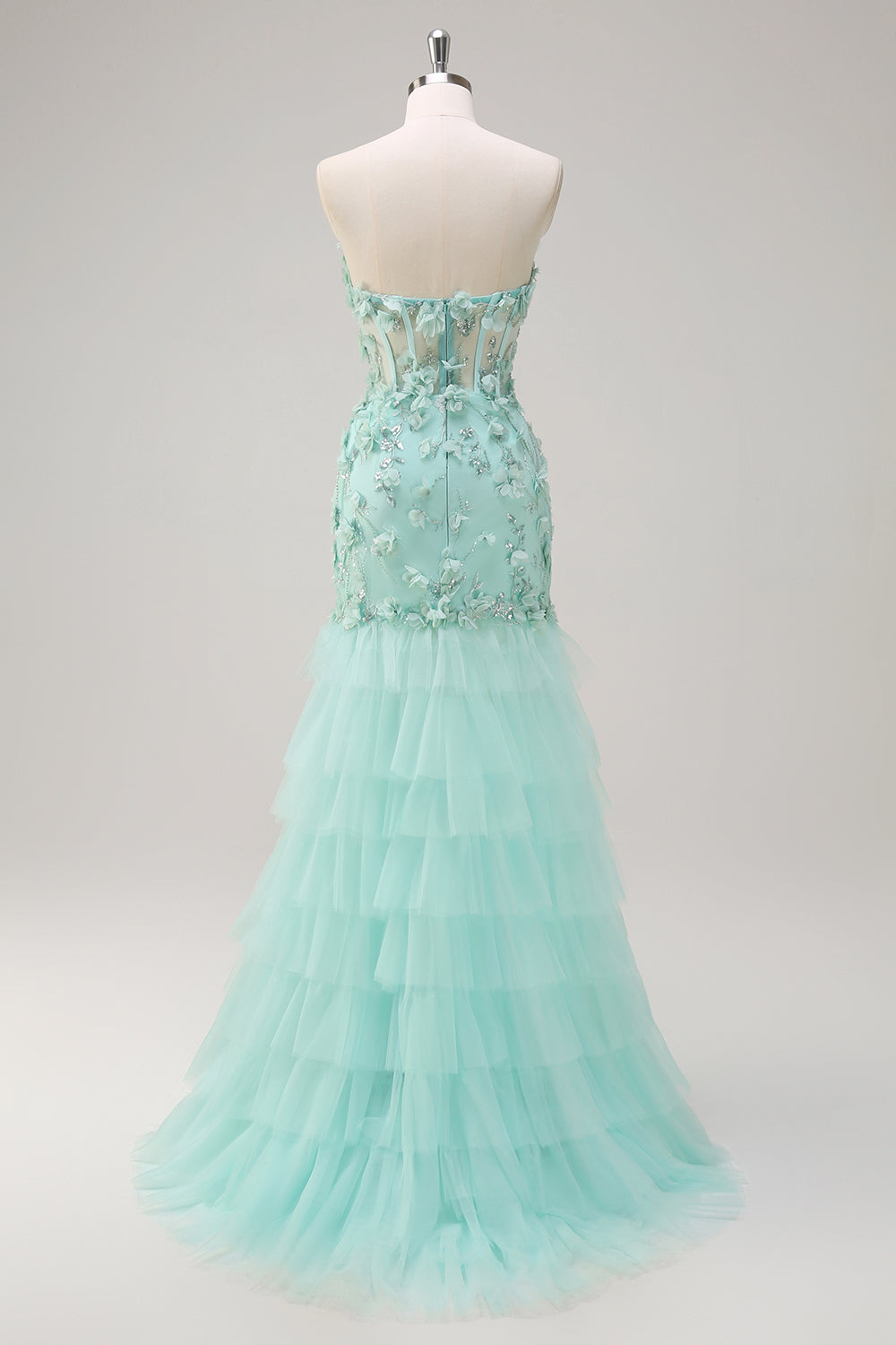 Green Floral Mermaid Tiered Sweetheart Long Prom Dress