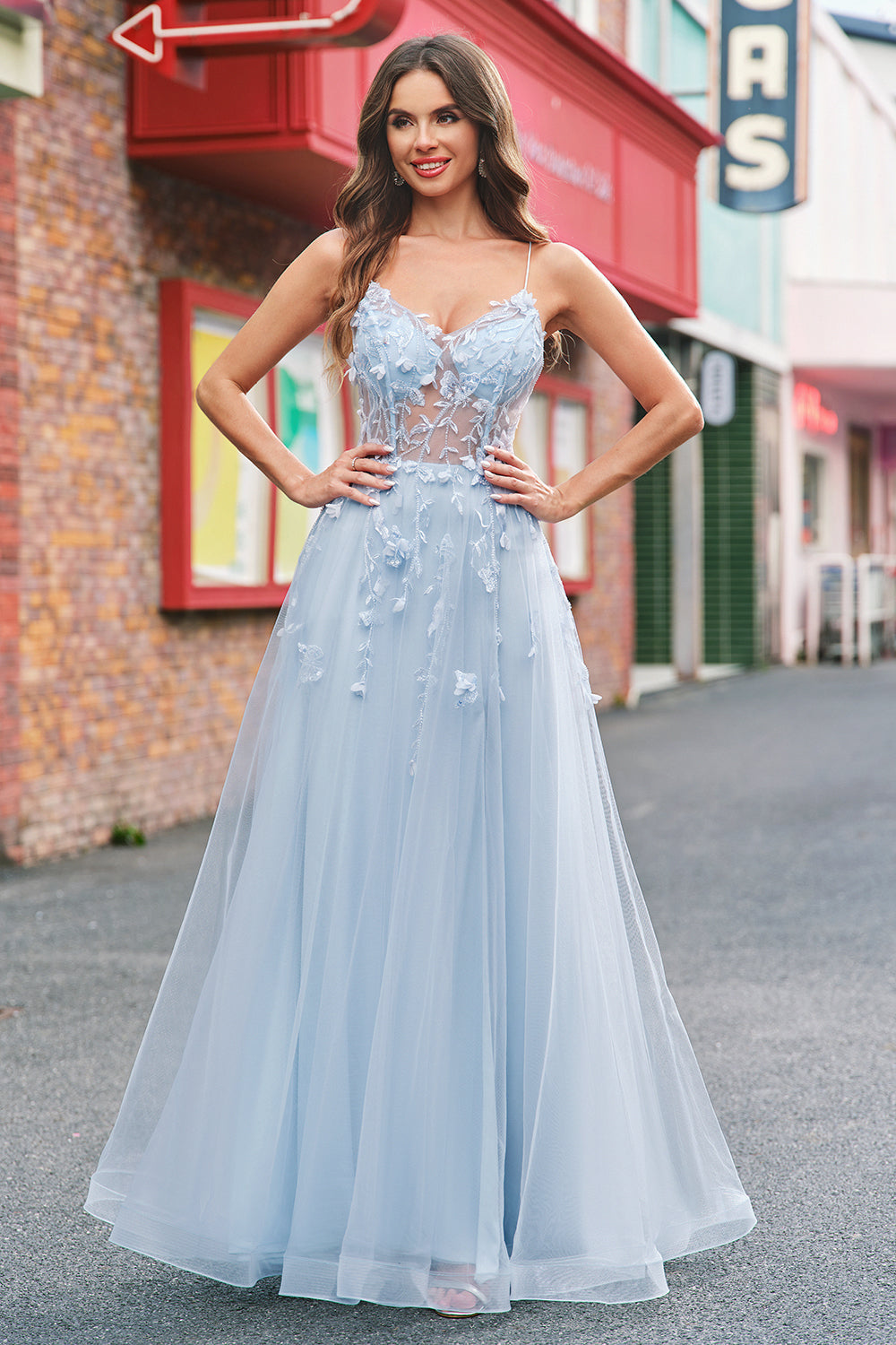 A-Line Blue Applique Spaghetti Straps Tulle Long Prom Dress