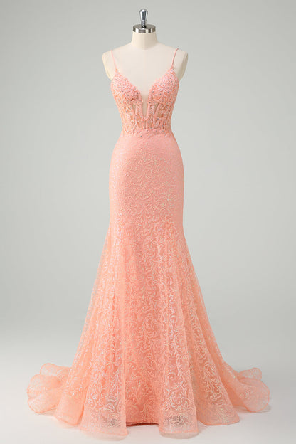 Orange Mermaid Spaghetti Straps Corset Sequined Prom Dress