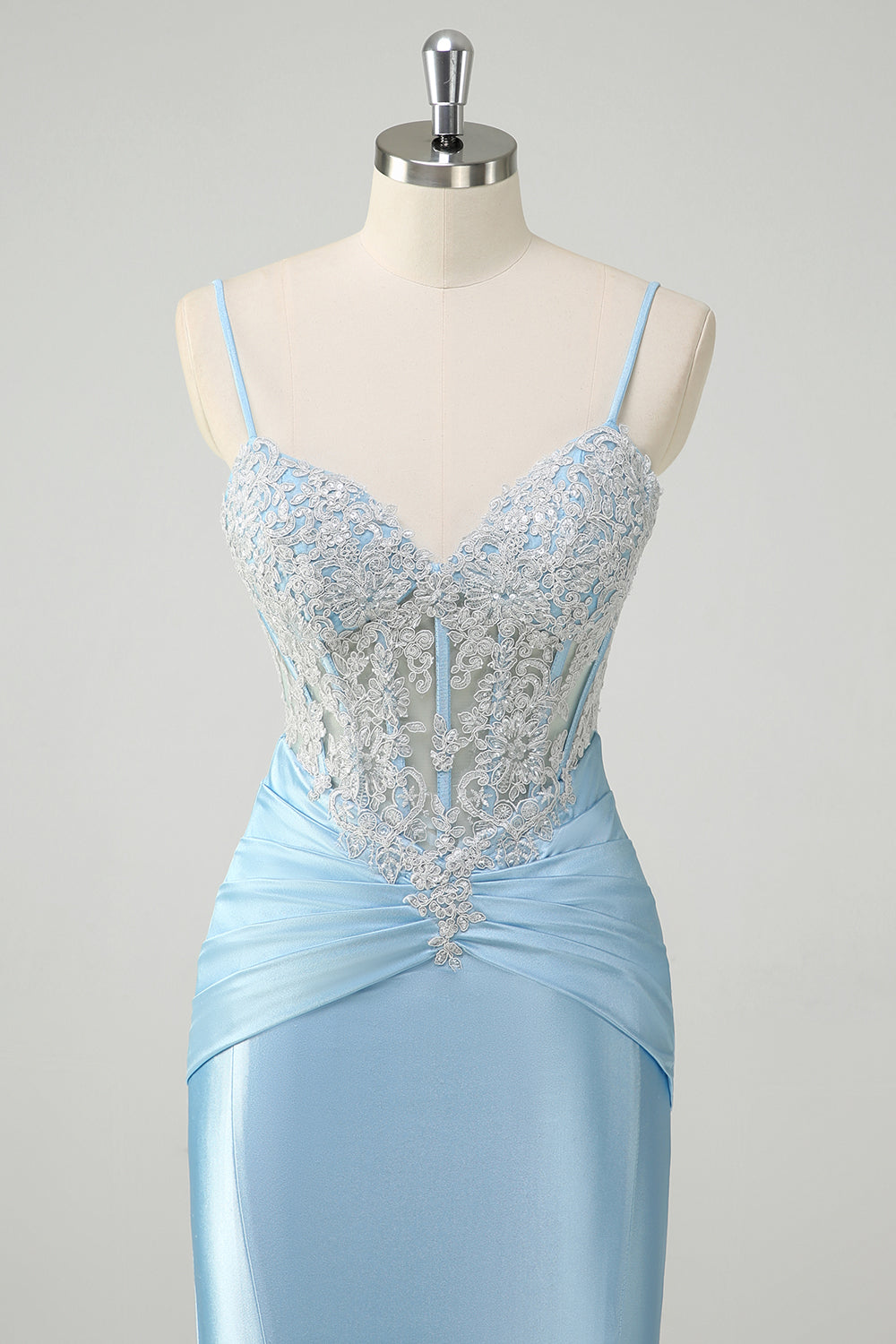 Blue Mermaid Spaghetti Straps Corset Appliqued Prom Dress