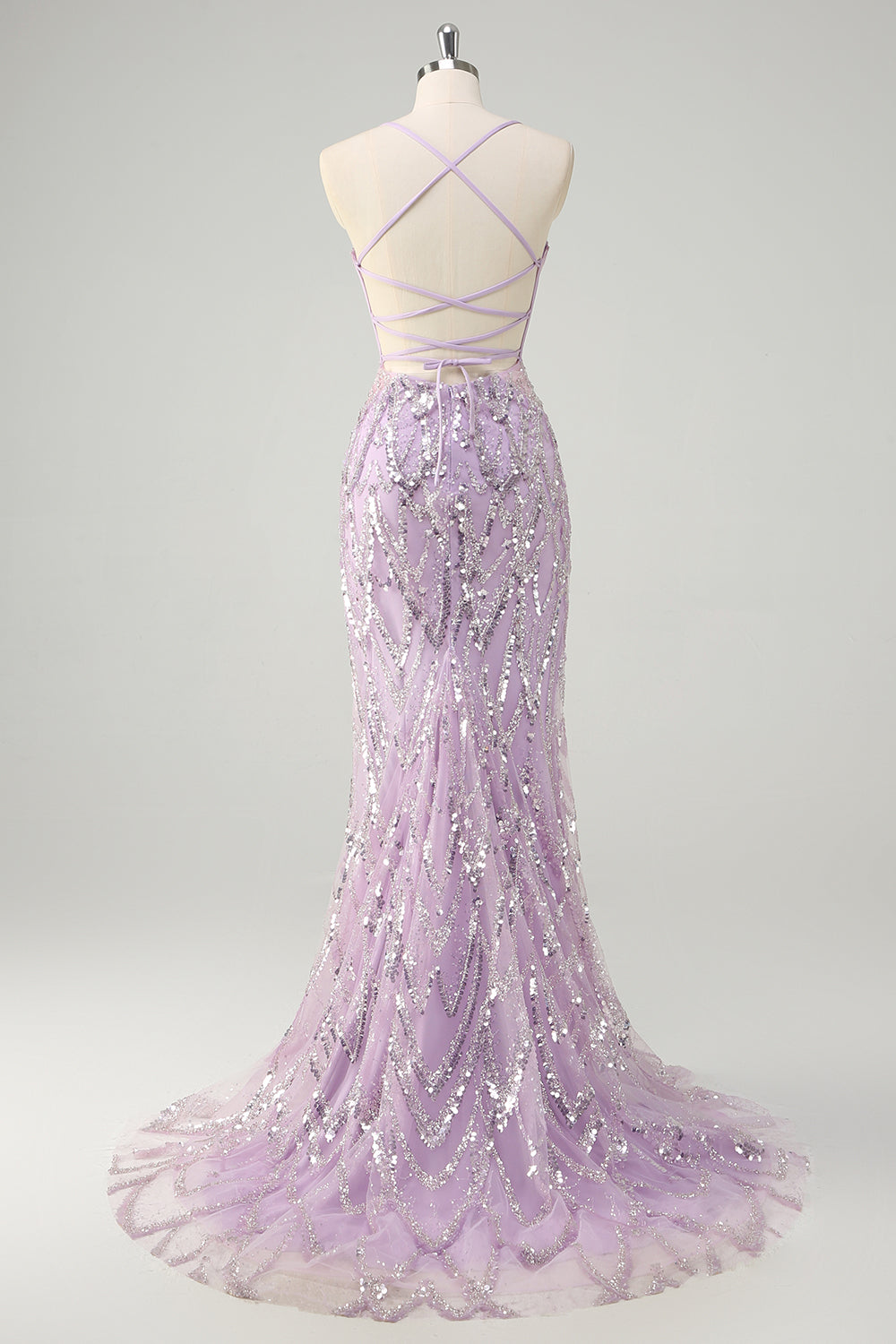 Lilac Mermaid Spaghetti Straps Corset Sequin Long Prom Dress