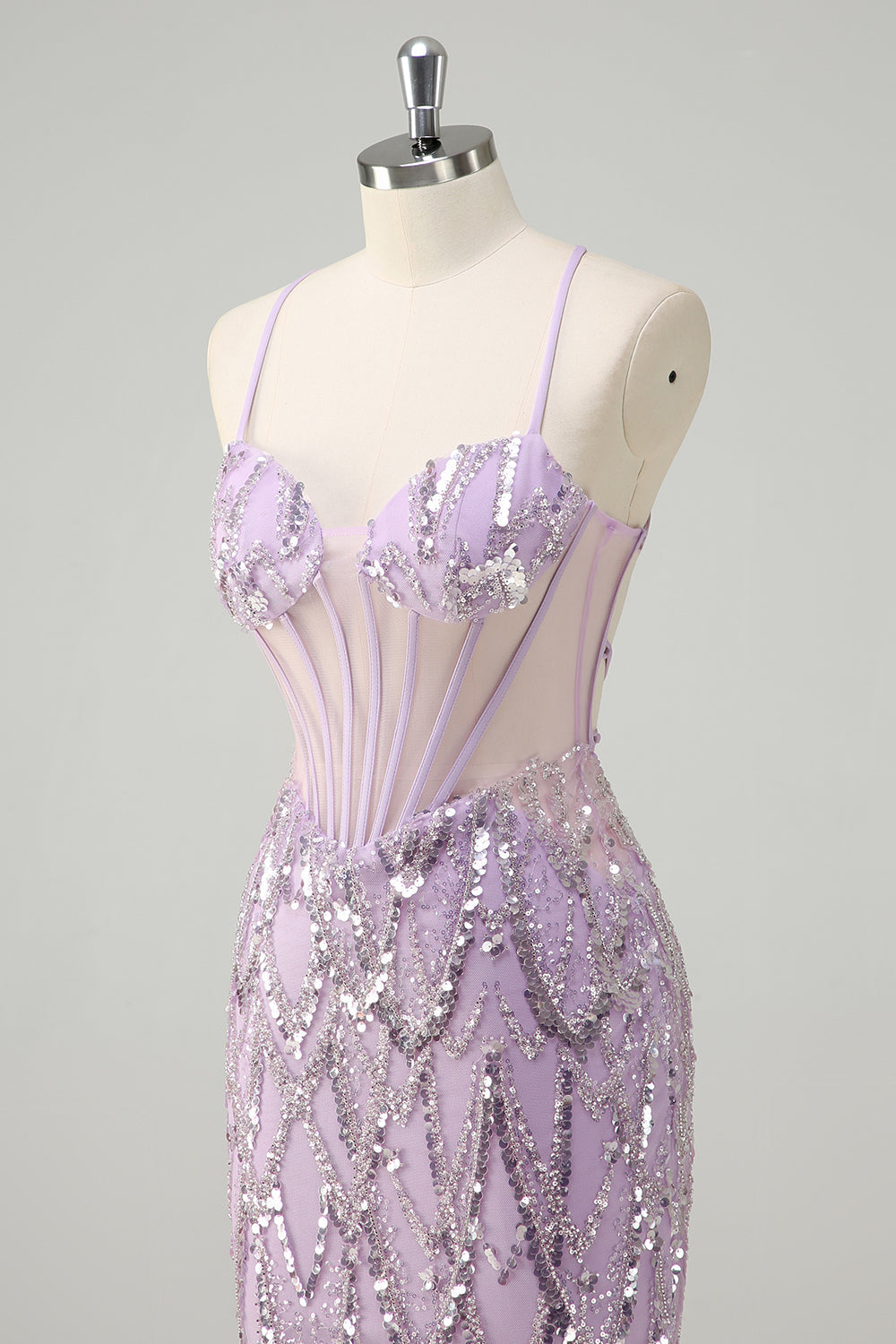 Lilac Mermaid Spaghetti Straps Corset Sequin Long Prom Dress