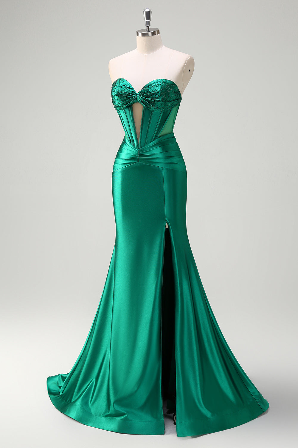 Dark Green Beaded Mermaid Sweetheart Long Prom Dress with Slit