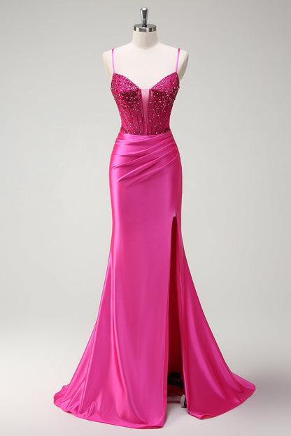 Fuchsia Spaghetti Straps Beaded Mermaid Long Prom Dress with Slit