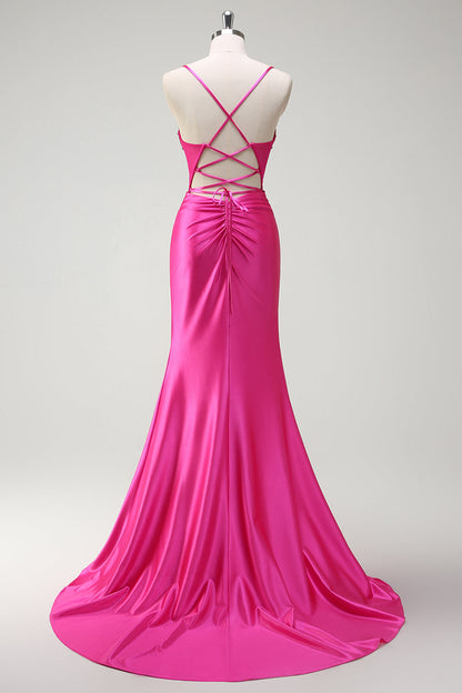 Fuchsia Spaghetti Straps Beaded Mermaid Long Prom Dress with Slit