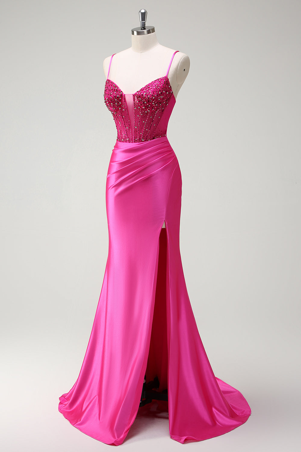 Fuchsia Spaghetti Straps Beaded Mermaid Long Prom Dress with Slit