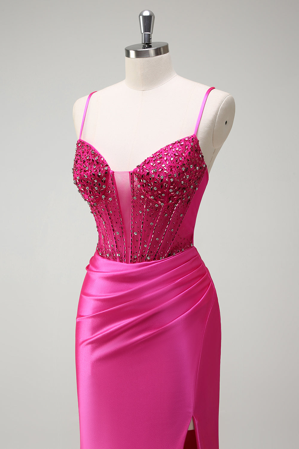 Fuchsia Spaghetti Straps Beaded Mermaid Long Prom Dress with Slit