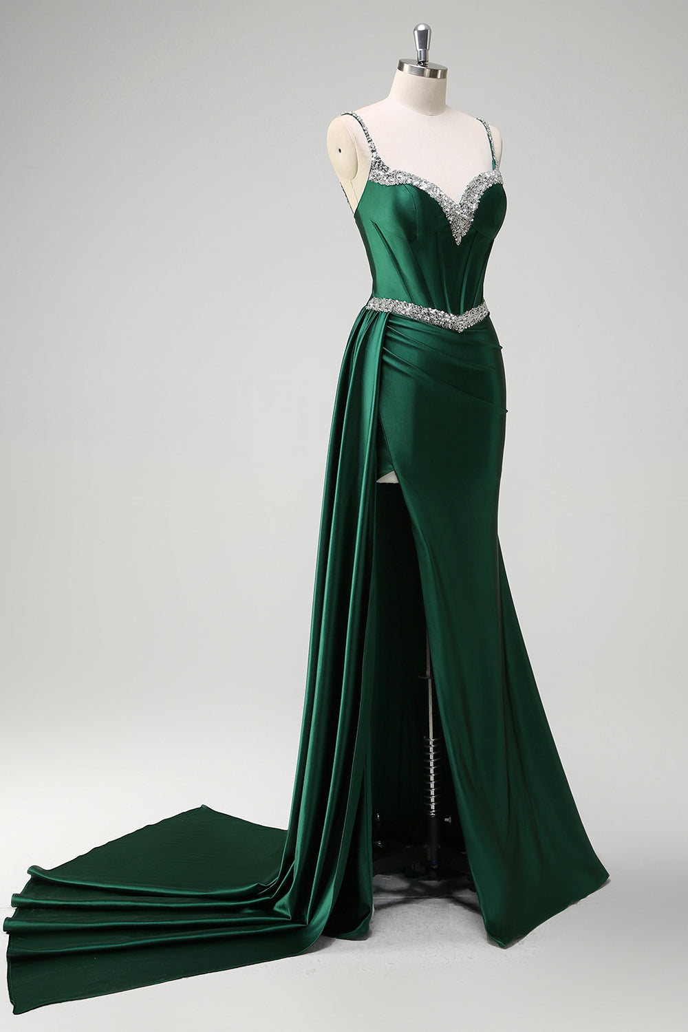 Dark Green Sequined Spaghetti Straps Mermaid Long Prom Dress with Slit