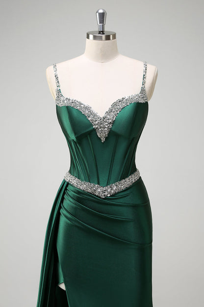 Dark Green Sequined Spaghetti Straps Mermaid Long Prom Dress with Slit