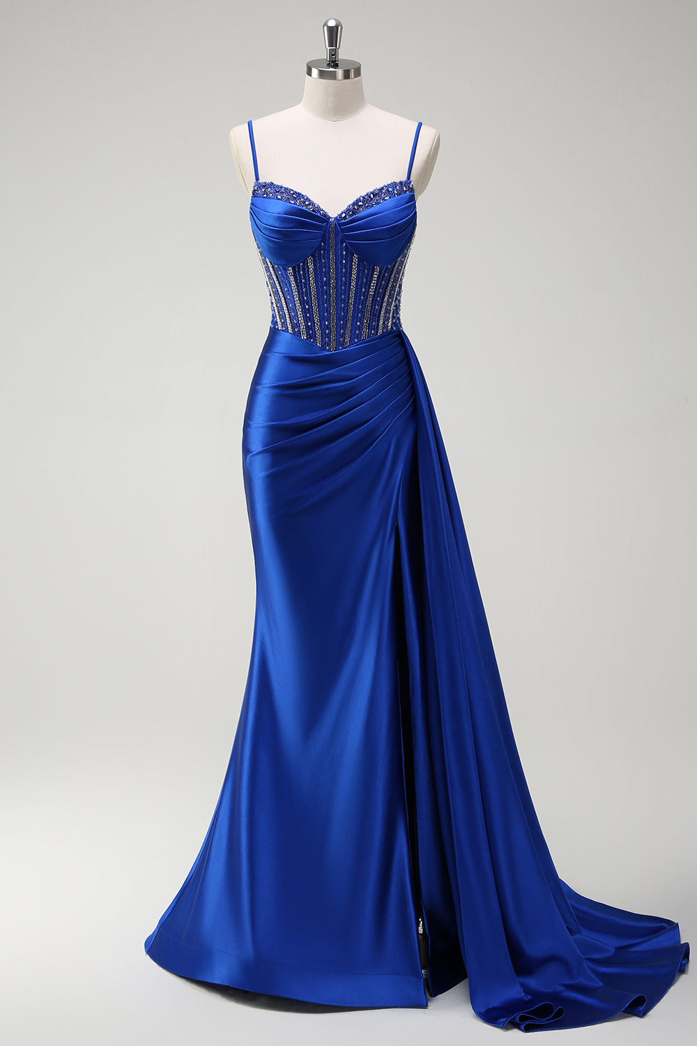 Royal Blue Beaded Spaghetti Straps Mermaid Long Prom Dress with Slit