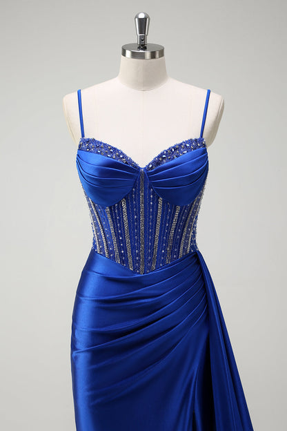 Royal Blue Beaded Spaghetti Straps Mermaid Long Prom Dress with Slit