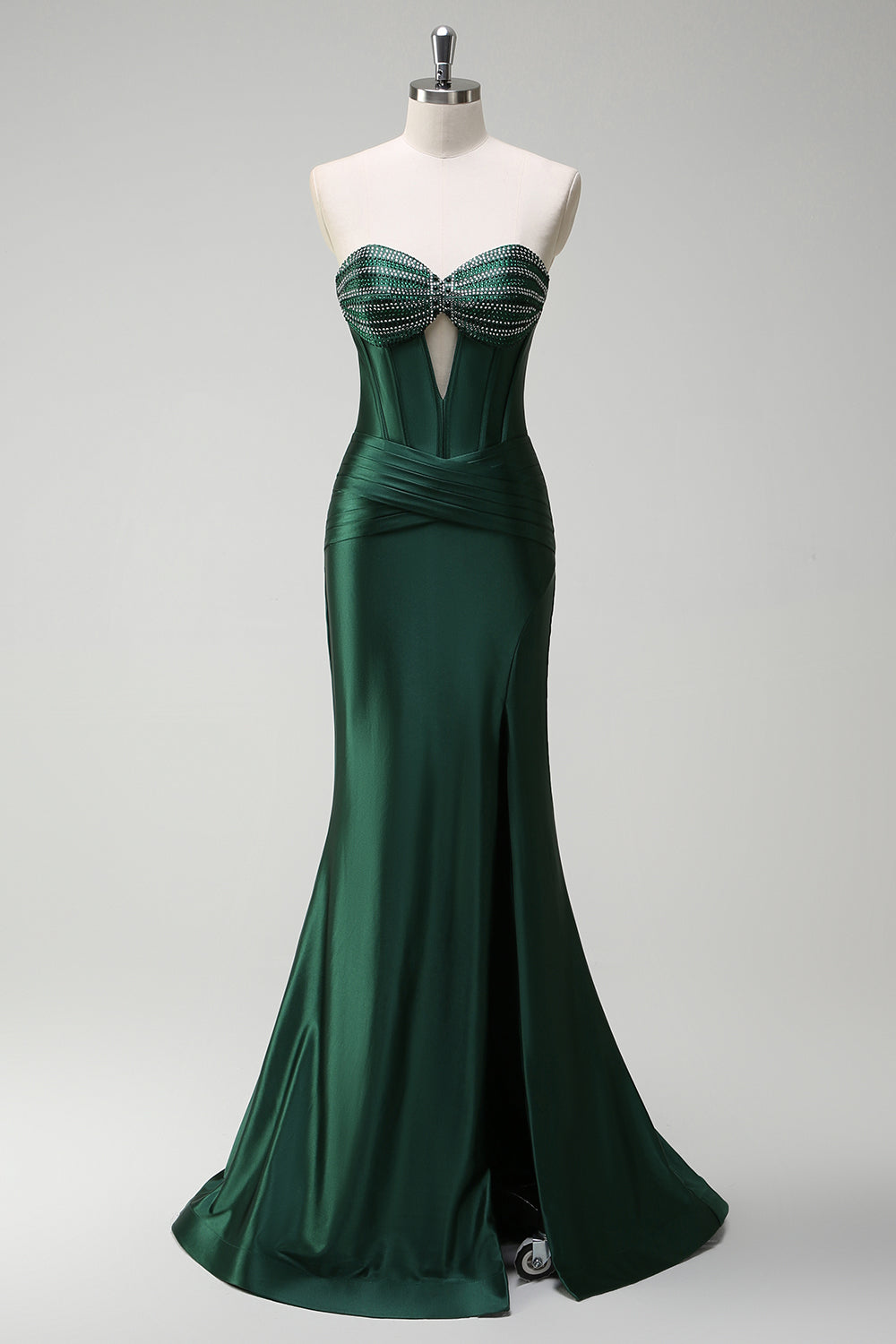 Dark Green Beaded Spaghetti Straps Mermaid Long Prom Dress with Slit