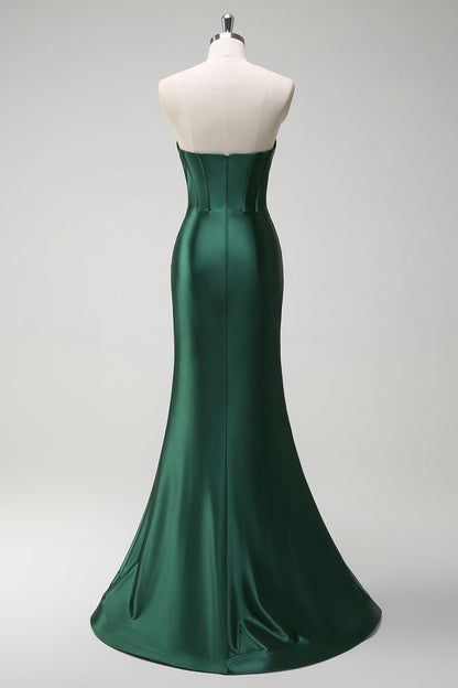 Dark Green Beaded Spaghetti Straps Mermaid Long Prom Dress with Slit