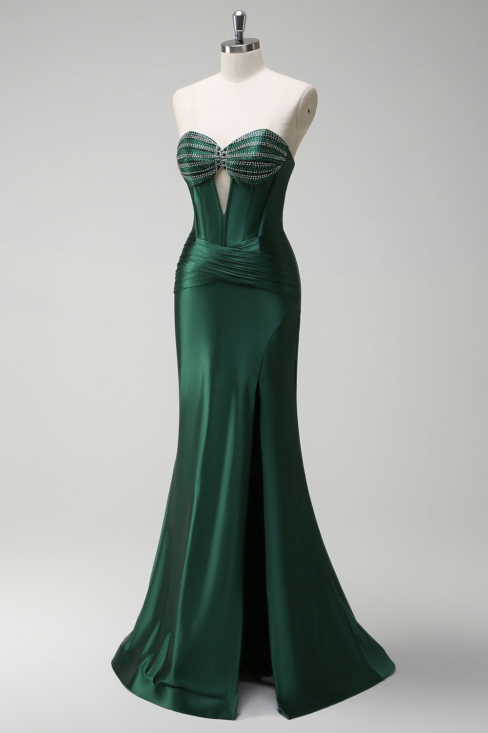 Dark Green Beaded Spaghetti Straps Mermaid Long Prom Dress with Slit