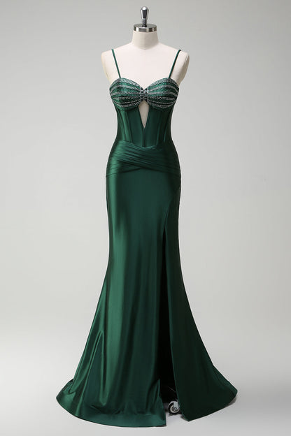 Dark Green Beaded Spaghetti Straps Mermaid Long Prom Dress with Slit