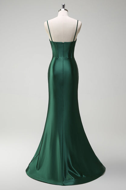 Dark Green Beaded Spaghetti Straps Mermaid Long Prom Dress with Slit