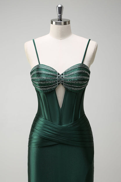 Dark Green Beaded Spaghetti Straps Mermaid Long Prom Dress with Slit