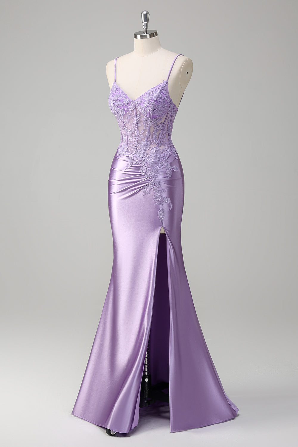 Lilac Mermaid Spaghetti Straps Long Prom Dress with Appliques