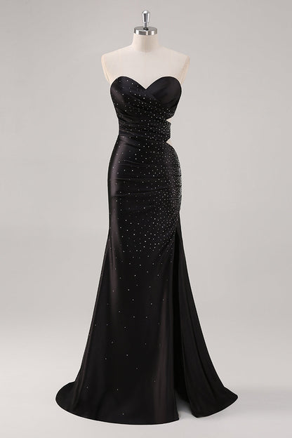 Sparkly Beaded Black Sweetheart Satin Prom Dress with Slit