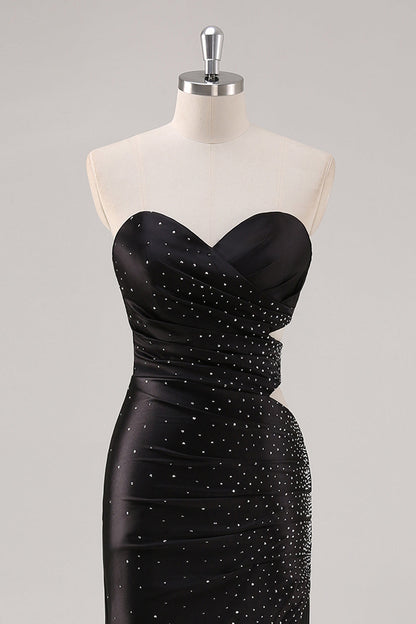 Sparkly Beaded Black Sweetheart Satin Prom Dress with Slit