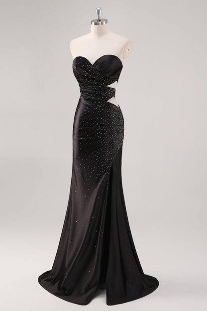 Sparkly Beaded Black Sweetheart Satin Prom Dress with Slit