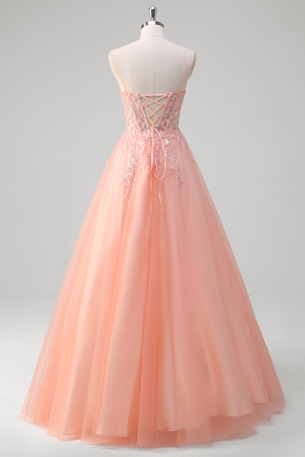 Sparkly Peach Floral A-Line Spaghetti Straps Long Prom Dress