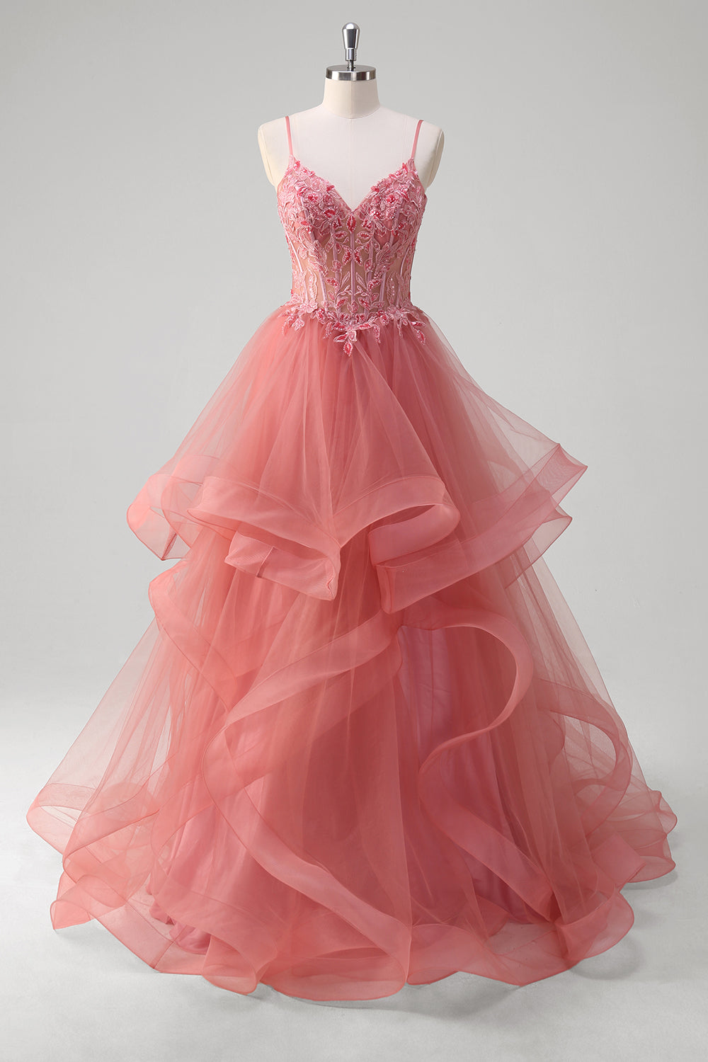 A-Line Coral Applique Beaded Spaghetti Straps Long Prom Dress