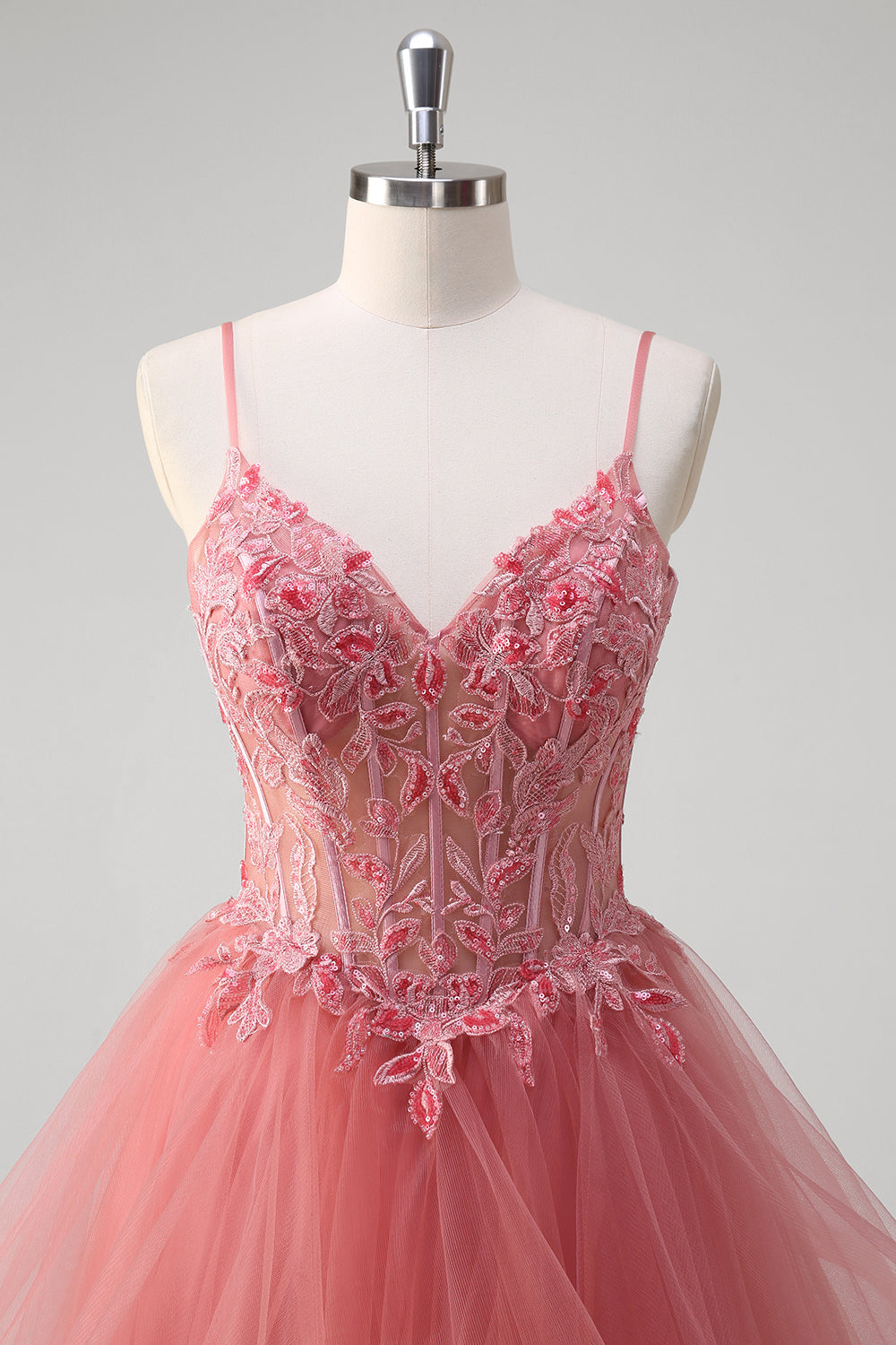 A-Line Coral Applique Beaded Spaghetti Straps Long Prom Dress