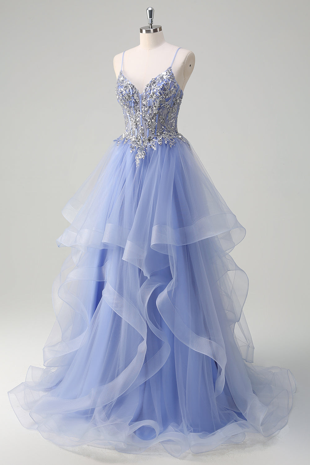 Sparkly Sequins Light Blue A Line Spaghetti Straps Long Prom Dress with Spiral Ruffles